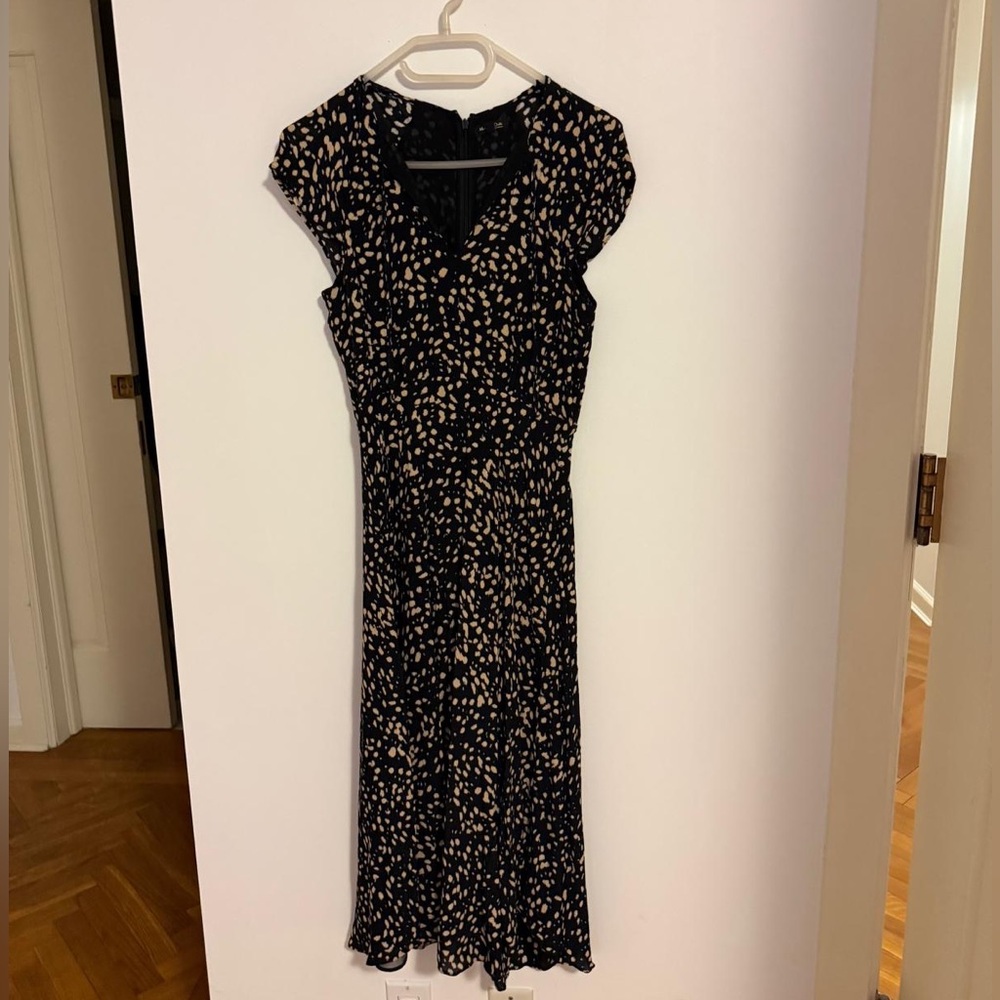 Massimo Dutti Black and Beige Patterned Cap-Sleeve Midi Dress